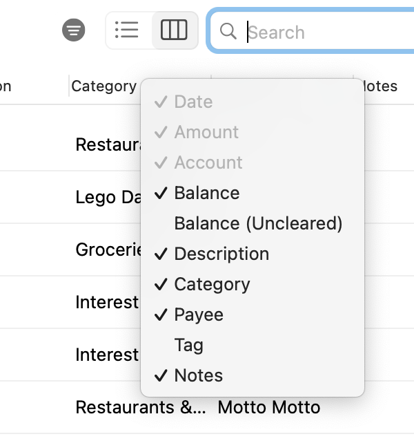 Debit & Credit Table Header Columns