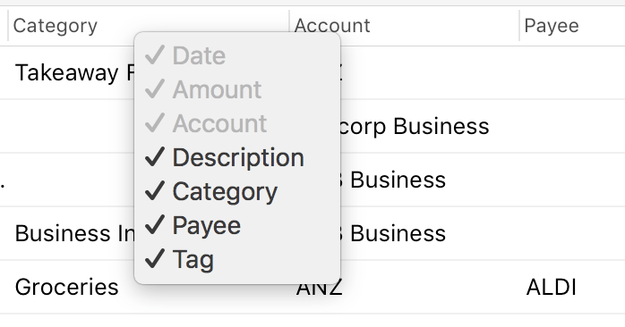 Mac App Interface transaction table column management