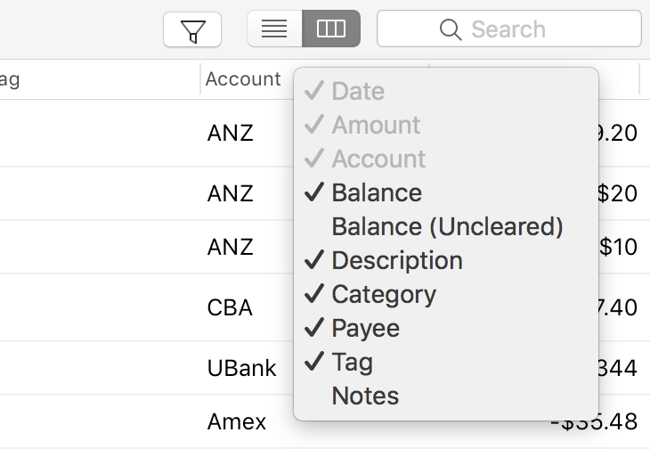 Debit & Credit Table Header Columns